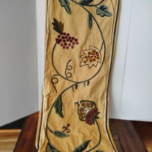 Williams Sonoma Crewel Table Runner 16"x108" Gold w/Burgundy Grapes Vines Floral